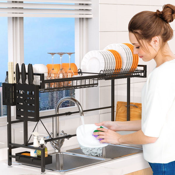 Efficiently Organize Your Kitchen with our Stylish Black 2-Tier Over The Sink Dish Drying Rack